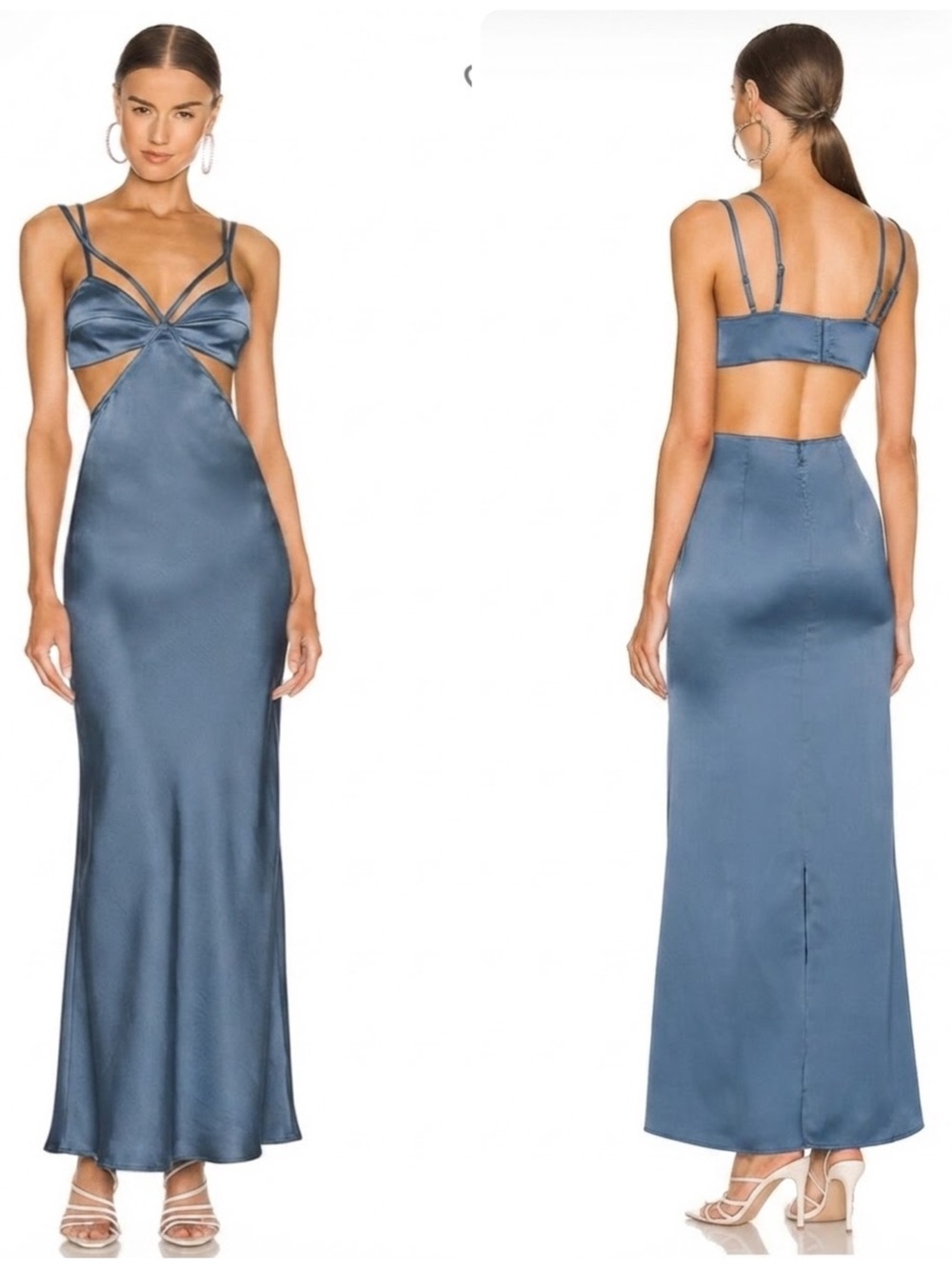 Camila Coelho Faron Gown Satin Cutout Maxi Dress in Steel Blue